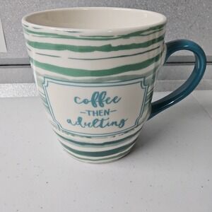 Coffee Mug Adulting Green Blue Stripes‎ 14oz Novelty Cup